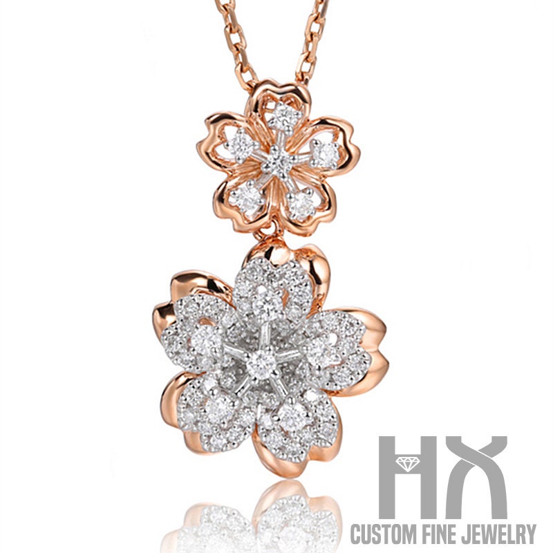 Diamant Double Sakura Blumen Anhänger | Nur Anhänger/Individueller Feinschmuck/Personalisierungsdesign/Geschenk Für Frauen Und Mädchen von HXJewelry