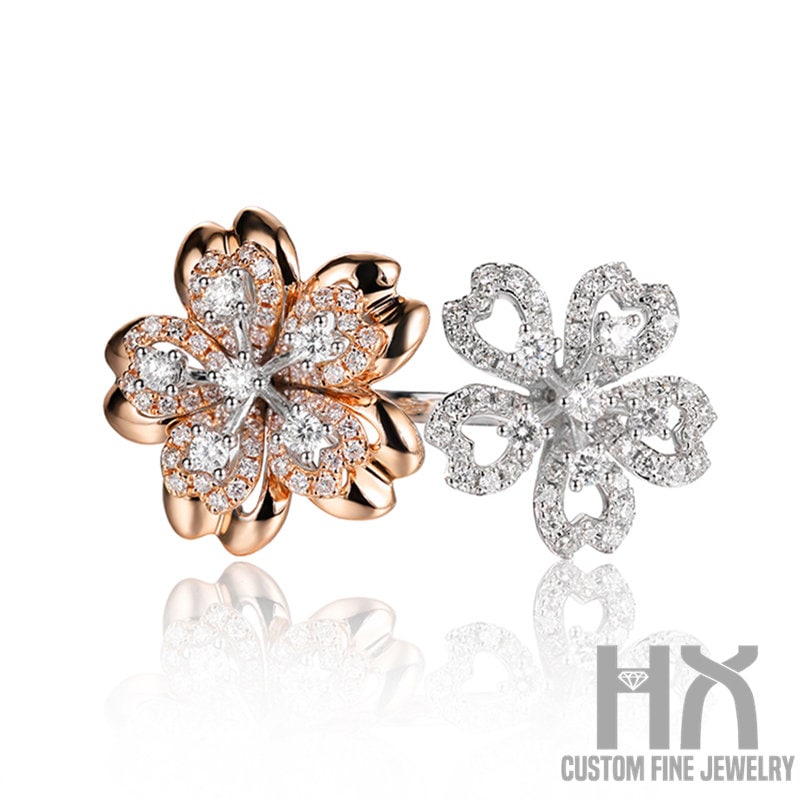 Diamant Double Sakura Blumen Offener Ring in Zwei Ton Gold/Kirschblüte Statement Personalisierter Schmuck Geschenk Für Sie von HXJewelry