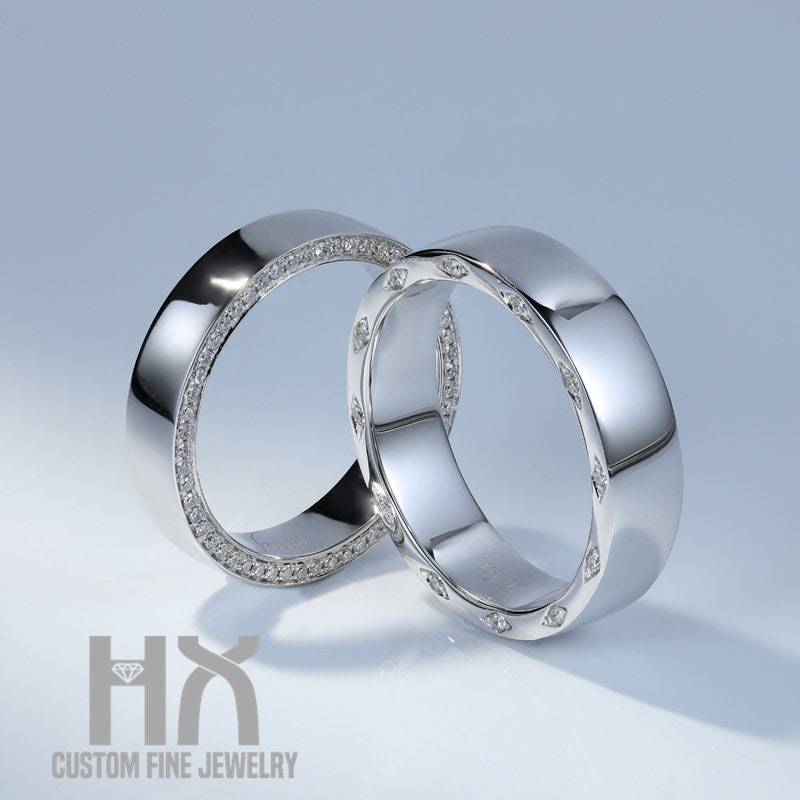 Diamant Eheringe in 550Er Gold/Paarringe Set/Seine Und Ihre Ringe/Verlobungsringe Für Paare/Passende Bänder/Verlobungsringe/Eheringe von HXJewelry