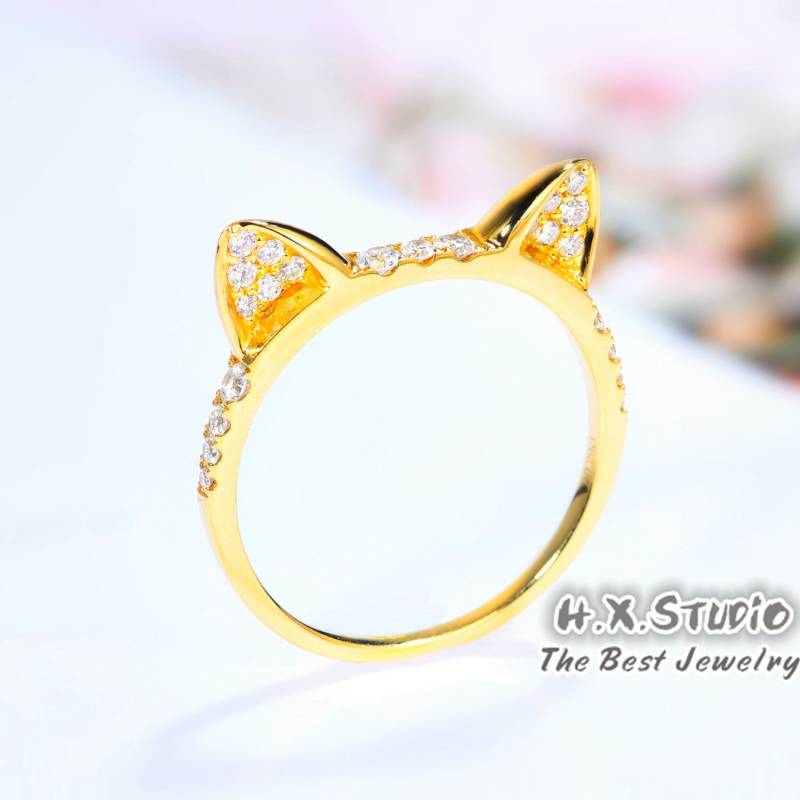 Diamant Katzenring in Massivem 18K Gold/Diamant Kitty Ring/Katzenohren Ring/Personalisiertes Design/Geschenk Für Frauen Und Mädchen von HXJewelry