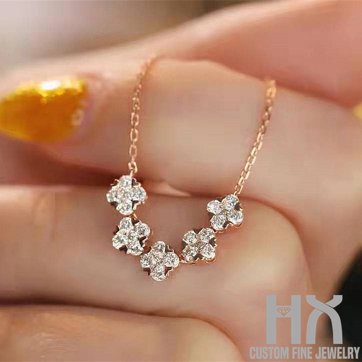 Diamant Kleeblatt Halskette in Massivem 18K Gold/Personalisierter Schmuck/Personalisierungsdesign/Geschenk Für Frauen Und Mädchen von HXJewelry
