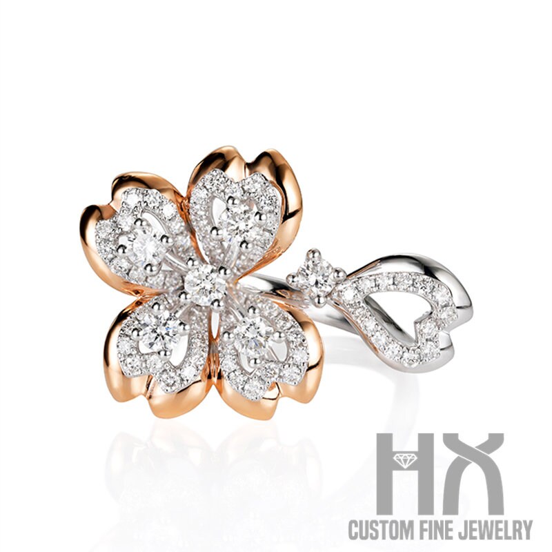 Diamant Sakura Blume Offener Ring in Zwei Ton Gold/Kirschblüte Statement Personalisierter Schmuck Geschenk Für Sie von HXJewelry