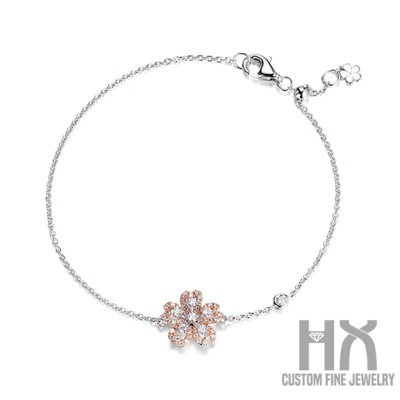 Diamant Sakura Blumen Armband in Massivem 18K Gold/Custom Fine Jewelry/Personalisierung Design/Geschenk Für Frauen Und Mädchen von HXJewelry