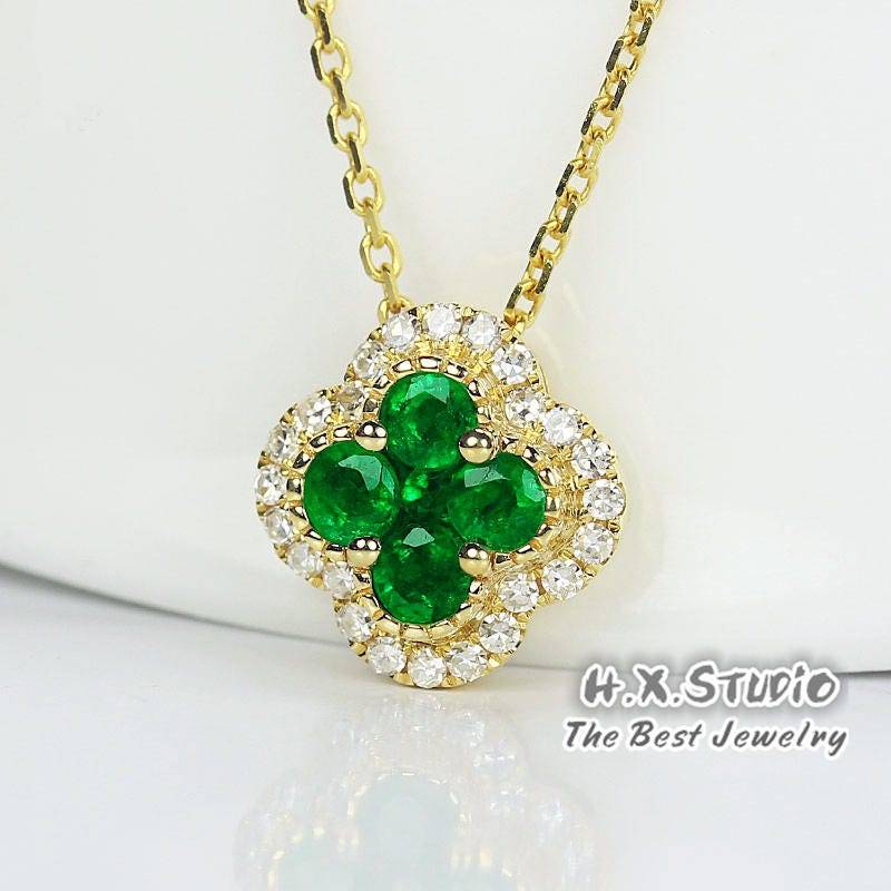 Diamant Smaragd Glücksklee Vierblatt Halskette/Glück Kleeblatt Quatrefoil Anhänger/Personalisierter Schmuck Geschenk Für Frauen Und Mädchen von HXJewelry