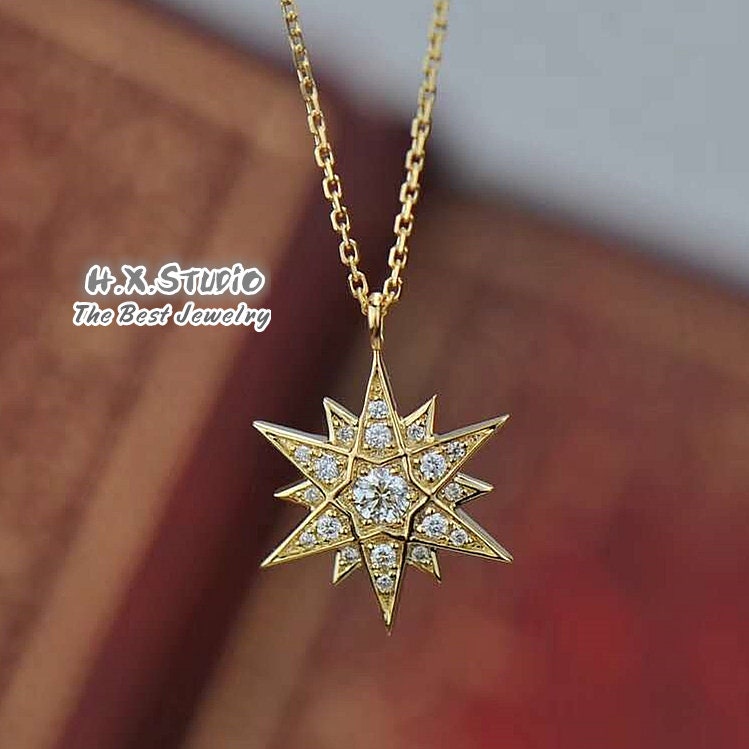 Diamant Starburst Anhänger Halskette in Massivem 18K Gold/Custom Fine Jewelry/Personalisierung Design/Geschenk Für Frauen Und Mädchen von HXJewelry