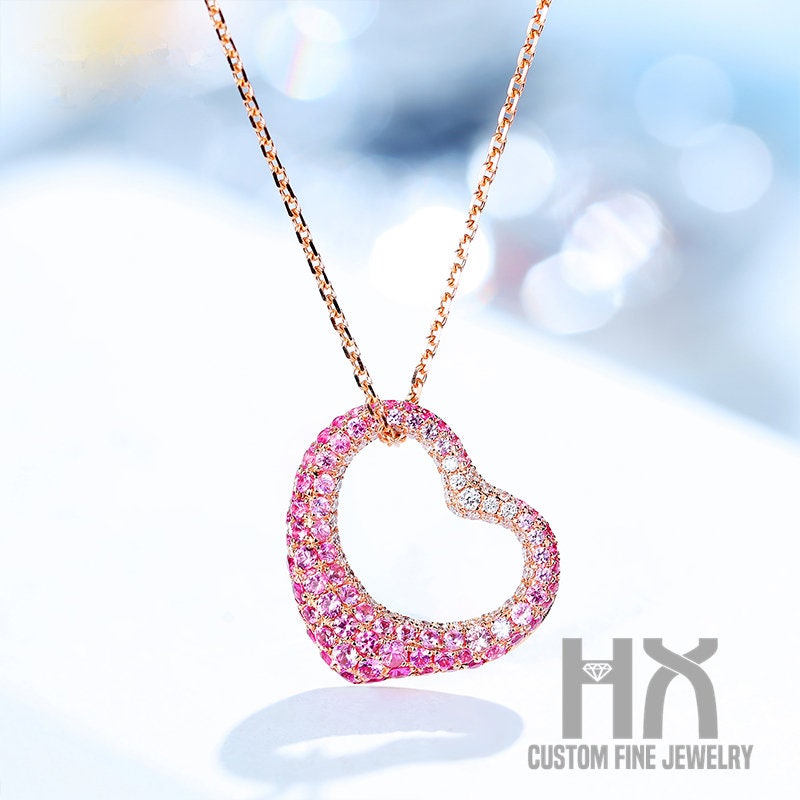 Diamant Und Rosa Saphir Herz Anhänger in Massivem 18K Gold/Custom Fine Jewelry/Personalisierung Design/Geschenk Für Frauen Mädchen von HXJewelry