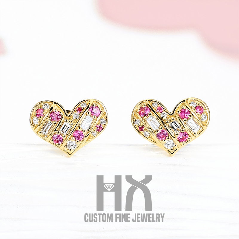 Diamant Und Rosa Saphir Herz Form Ohrringe in Massivem 18K Gold/Custom Fine Jewelry/Personalisierung Design/Geschenk Für Frauen Mädchen von HXJewelry