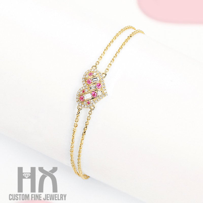 Diamant Und Rosa Saphir Herz Form Zweisträngiges Armband in Massivem 18K Gold/Fußkettchen/Custom Fine Jewelry/Geschenk Für Frauen Mädchen von HXJewelry