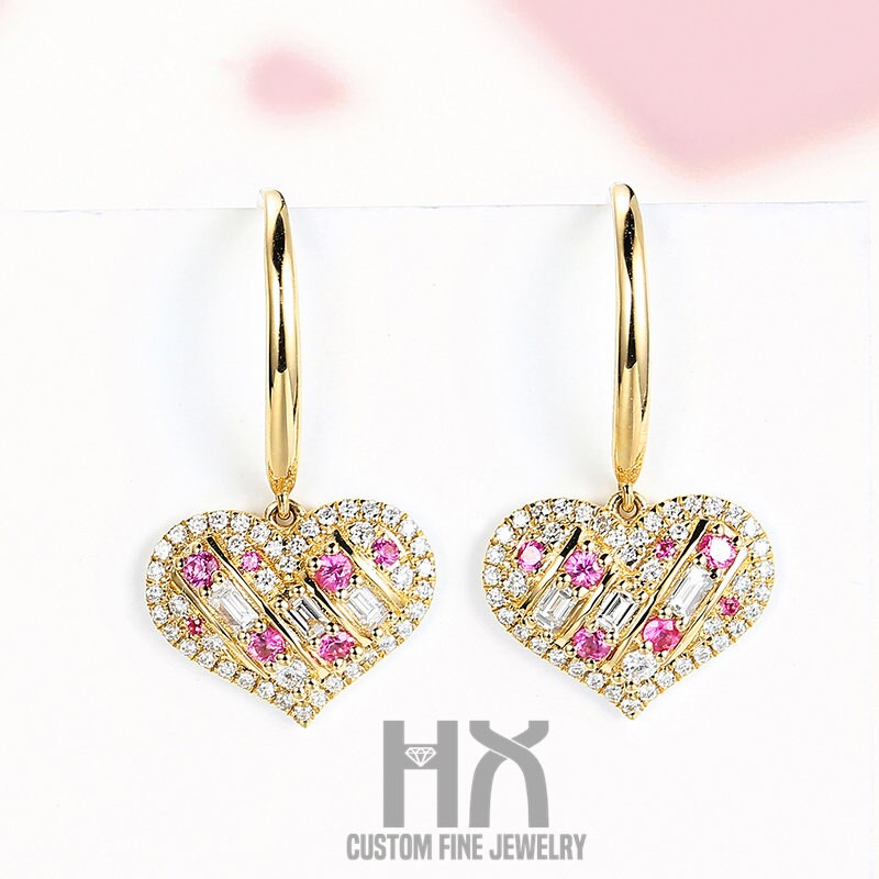 Diamant Und Rosa Saphir Herz Ohrringe in Massivem 18K Gold/Custom Fine Jewelry/Personalisierung Design/Geschenk Für Frauen Mädchen von HXJewelry