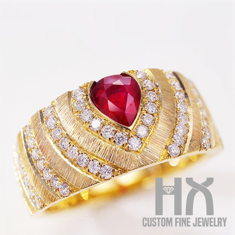 Diamant Und Rubin Breiter Ring in Massivem 18K Gold/Individueller Feinschmuck/Personalisierungsdesign/Geschenk Für Frauen Mädchen von HXJewelry