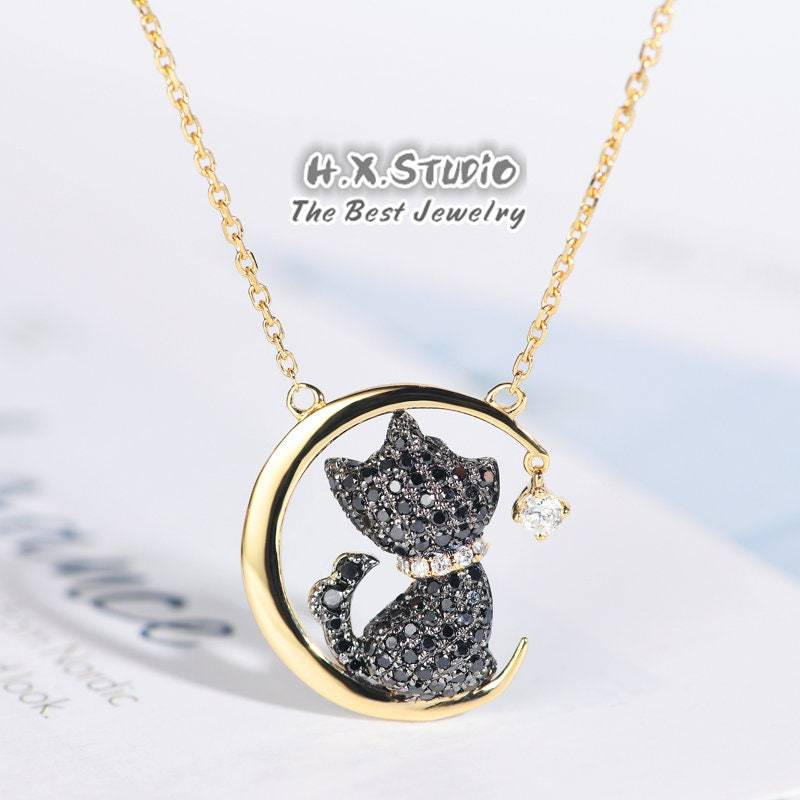 Diamant Welpe Hund Anhänger in 18K Gold/sterne Und Mond Halskette/Schwarzer Diamant/Personalisierter Feinschmuck/Geschenk Für Frauen Mädchen von HXJewelry