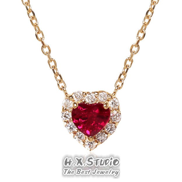 Diamant & Granat Halo Herz Anhänger Halskette in Massivem 18K Gold/Custom Fine Jewelry/Personalisierung Design/Geschenk Für Frauen Und Mädchen von HXJewelry