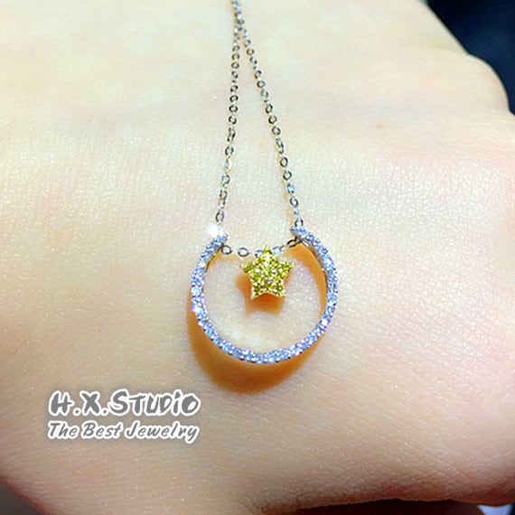 Gelber Diamant Stern Und Mond Anhänger Halskette in Massivem 18K Gold/Individueller Feinschmuck/Personalisierungsdesign/Geschenk Für Frauen Mädchen von HXJewelry