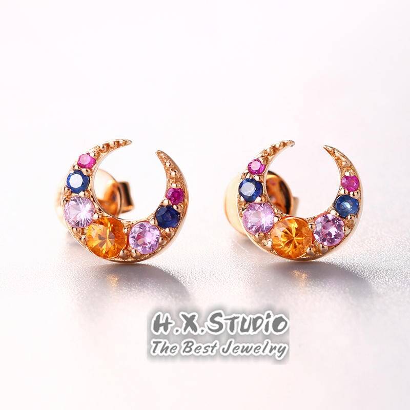Halbmond Ohrstecker in Massivem 18K Gold, Edelstein, Regenbogen Saphir Ohrstecker, Zierliche Ohrringe, Geschenk Für Sie, Geschenkidee von HXJewelry