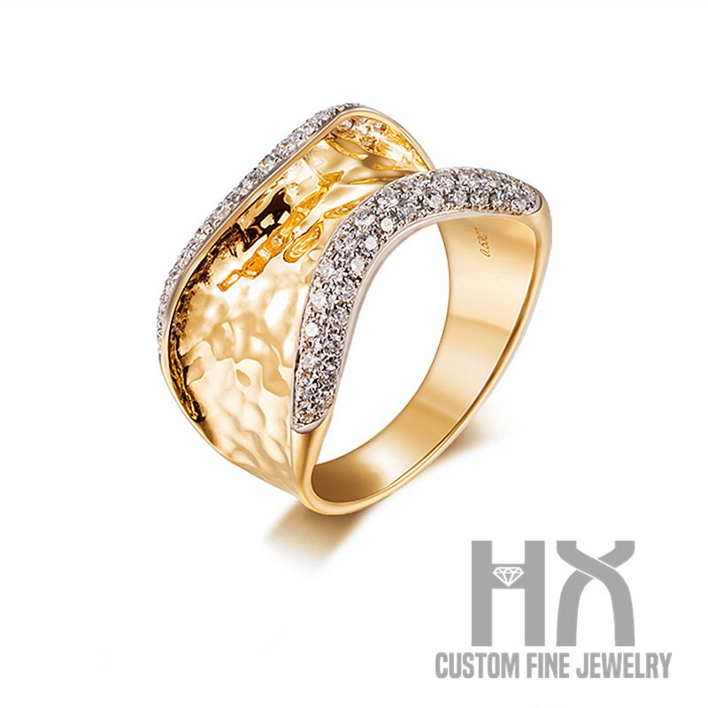 Hx Schmuck | Diamant Gehämmerter Breiter Ring Aus Massivem 18K Gold/Ehering Geschwungenes Band/Benutzerdefinierter Feinschmuck/Personalisierung von HXJewelry