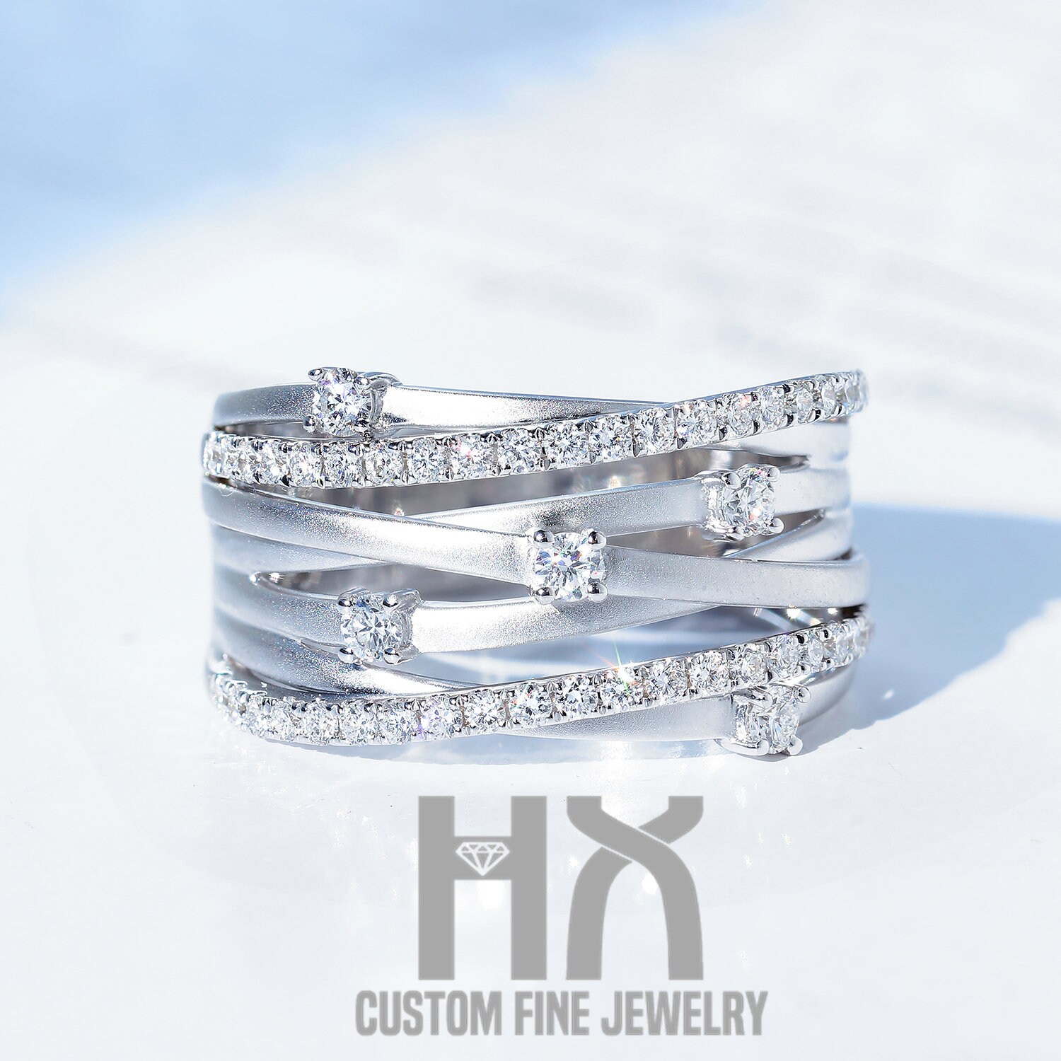 Hx Schmuck | Diamant Multi Row Criss Kreuz Band in Massivem 18K Gold/Diamant Mode Cocktail Ring/Custom Fine Jewelry/Geschenk Für Frauen Und Mädchen von HXJewelry