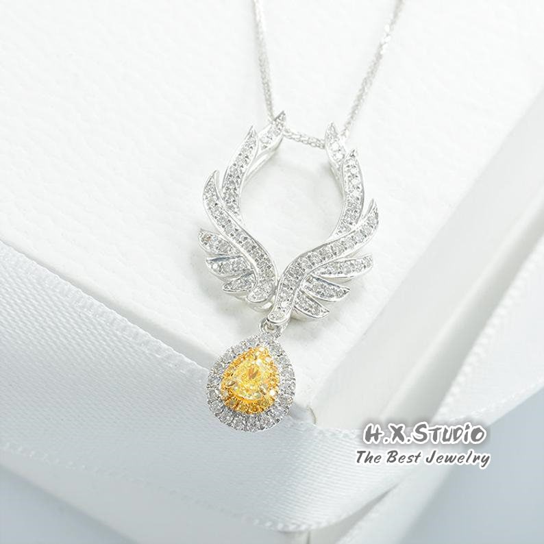 Hx Schmuck | Engelsflügel Gelb Diamant Anhänger Halskette in Massivem 18K Gold/Benutzerdefinierter Feinschmuck/Personalisierung Design/Geschenk von HXJewelry