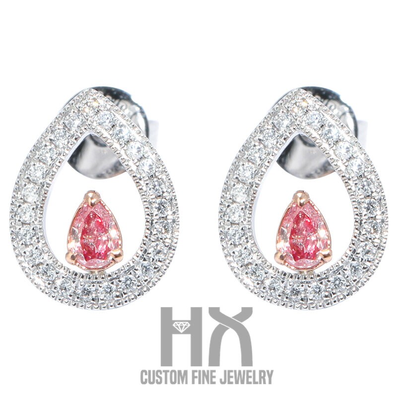 Hx Schmuck | Rosa Diamant Pear Shape Halo Ohrstecker in Massivem 18K Zweifarbig Gold, Echte Rosa Ohrringe, Individualisierung von HXJewelry