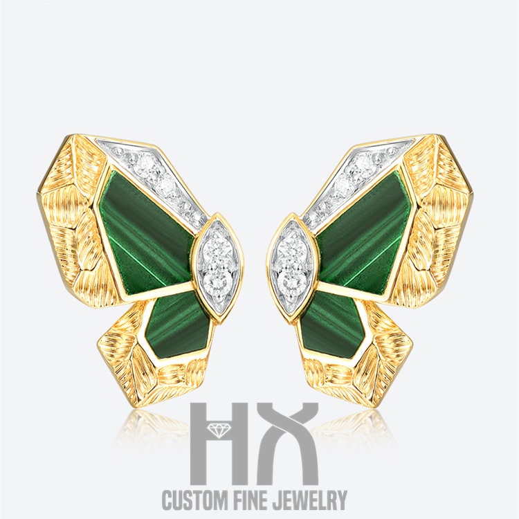 Hx Schmuck | Schmetterling Ohrstecker in Grün Oder Weiß, Massives 18K Gold Mit Malachit Perlmutt, Eleganter Schmuck, Geschenk Für Sie von HXJewelry