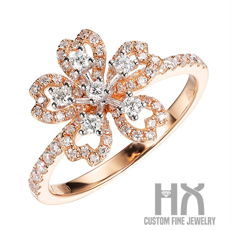 Massiver Gold Diamant Sakura Blumenring/Kirschblüten Statement Ring Personalisierter Schmuck Geschenk Für Sie von HXJewelry