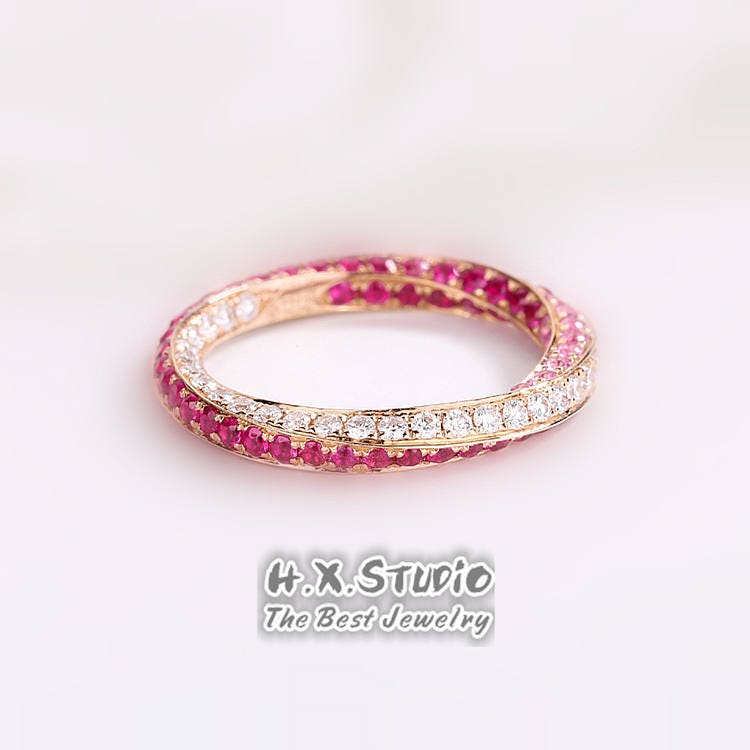 Mobius Möbius Diamant Rubin Pink Saphir Ring Aus Massivem 18K Gold/Full Eternity Stapelring/Individuelles Geschenk Für Frauen Und Mädchen von HXJewelry