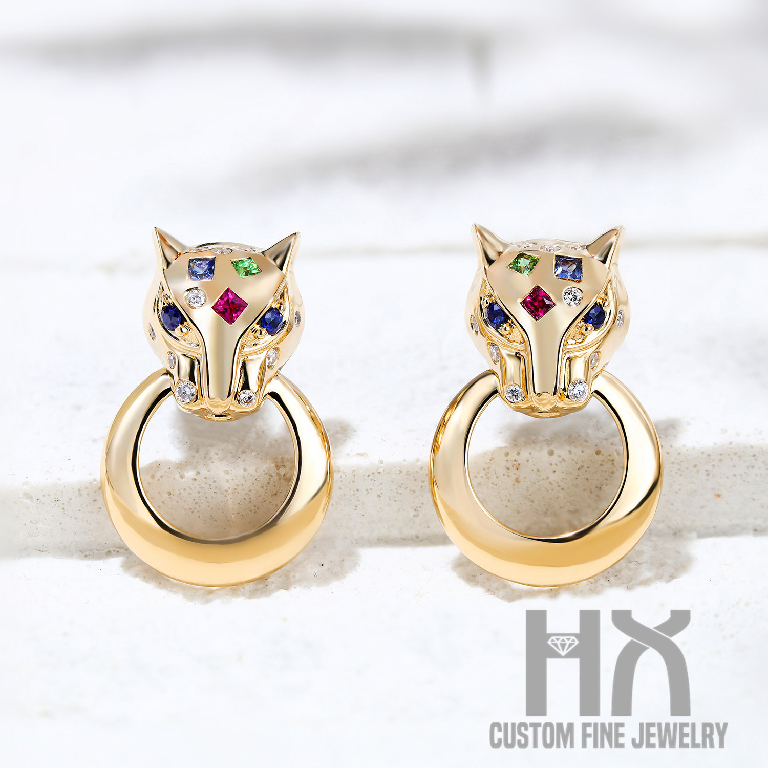 Multi-Edelsteine Und Diamant Leopard Ohrstecker in Massivem 18K Gold/Edelsteine Panther Ohrringe/Custom Schmuck/Geschenk Für Frauen Mädchen Kind von HXJewelry