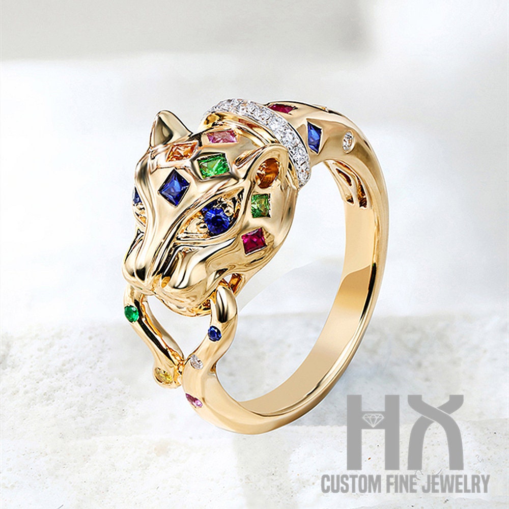 Multi-Gems Und Diamant Leopard Ring in Massivem 18K Gold/Edelsteine Panther Ring/Personalisierter Schmuck/Personalisierung Design von HXJewelry