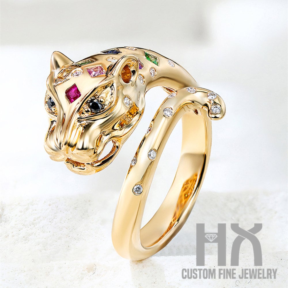 Multi-Gems Und Diamant Leopard Wickelring in Massivem 18K Gold/Edelsteine Panther Wrap Ring/Custom Jewelry/Personalisierung Design von HXJewelry