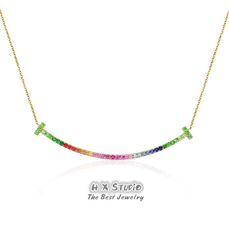 Regenbogen Saphir Smile Anhänger Halskette in 18K Gold/Smile T Anhänger/Personalisierter Schmuck/Geschenk Für Frauen Und Mädchen von HXJewelry