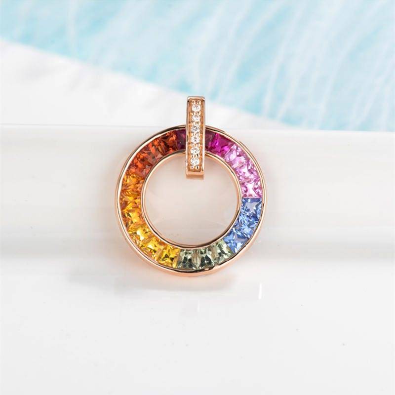 Regenbogen Saphir Und Diamant Kreis Anhänger Aus Massivem 18K Gold/Benutzerdefinierter Feinschmuck/Geschenk Für Frauen Mädchen/ | Nur Anhänger von HXJewelry