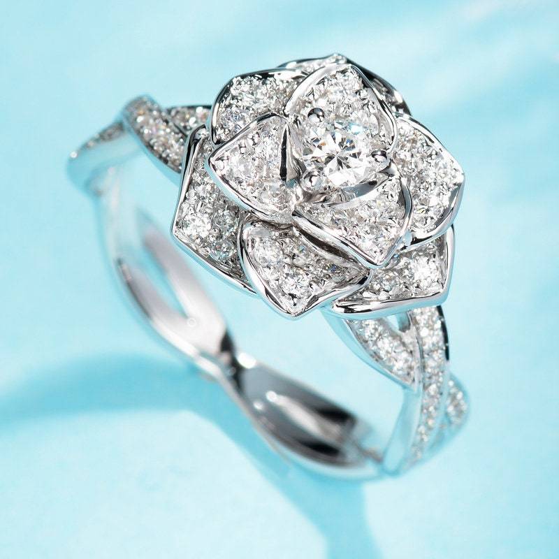 Rose Blume Diamant Ring in Massivem 18K Gold/Floraler Statement Ring/Individueller Schmuck/Personalisierung Design/Geschenk Für Frauen Und Mädchen von HXJewelry