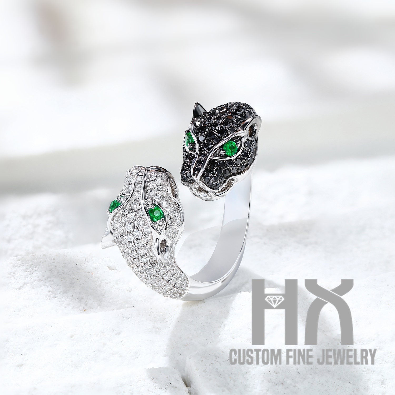 Schwarz Weißer Diamant Doppel Leopardenkopf Wickelring in Massivem 18K Gold/Diamant Panther Ring/Personalisierter Schmuck/Personalisierung Design von HXJewelry