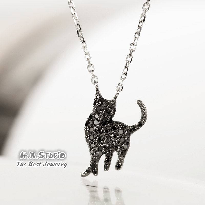 Schwarze Diamant Katze Anhänger Halskette in Massivem 18K Gold/Custom Fine Jewelry/Personalisierung Design/Geschenk Für Frauen Und Mädchen von HXJewelry