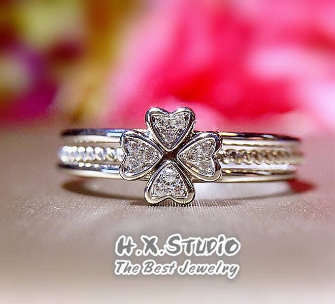 Vierblättriger Kleeblatt Diamant Ring Set in 18K Gold/3 Ringe Set/stapelring Set/Zierliche Eheringe/Personalisierter Schmuck/Geschenk Für Frauen von HXJewelry
