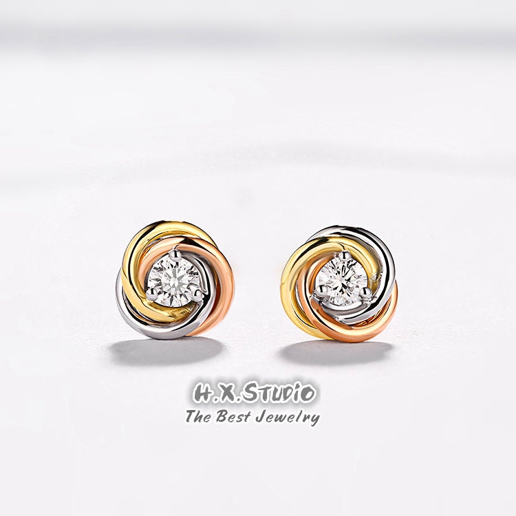 Zierliche Trinity Ohrstecker in Drei Farben, Solides 18K Gold, Echter Diamant, Elegante Ohrringe, Geschenk Für Frauen Und Mädchen, Urlaubsgeschenk von HXJewelry