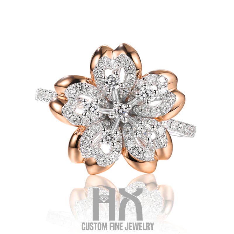 Zweifarbiger Gold Diamant Sakura Blumenring/Kirschblüten Statement Ring Personalisierter Schmuck Geschenk Für Sie von HXJewelry