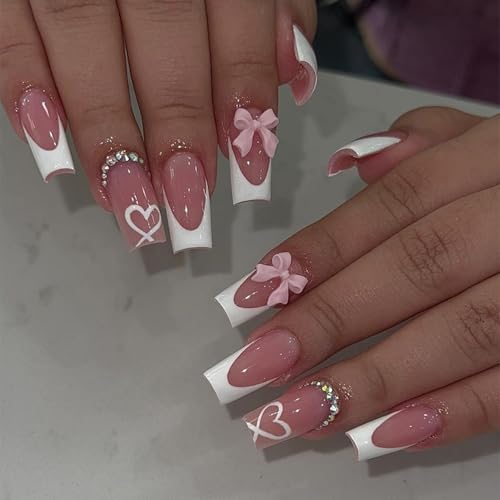 24 x Schleifen verzierte Nägel zum Aufdrücken, vollständige Abdeckung, lange französische Spitze, Acryl-Nägel, Dekorationen für Frauen, zum Aufdrücken für Frauen 24 x Schleifen verzierte Nägel zum Aufdrücken, vollständige Abdeckung, lange französische Spitze, Acryl-Nägel, Dekorationen für Frauen, zum Aufdrücken für Frauen von HXNH