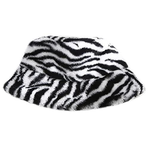 Fischerhut mit Zebra-Plüsch-Hut, Retro-Stil mit breiter Krempe, Stil Winter von HXNH