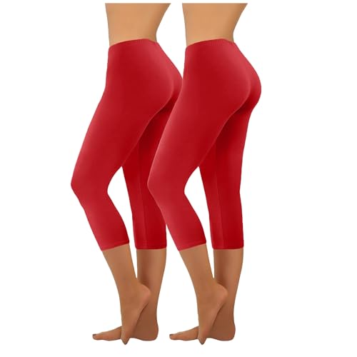HXRYPG Amazon Basics 2er Pack Leggings Damen 3/4 Baumwolle Yogahose Sportleggings Blickdicht Frauen Sporthose Yoga Hosen Scrunch Teenager Mädchen Sport Capri Leggins Freizeit Hose High Waist Rot L von HXRYPG