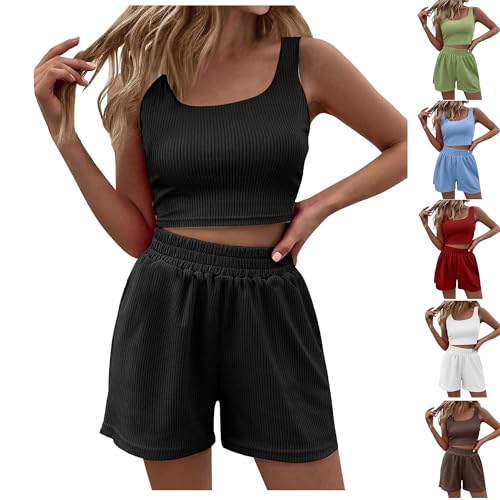 HXRYPG Amazon Basics Zweiteiler Damen Sommer Outfits Workout Hosenanzug Crop Tank Top und Shorts Loungewear Set Teenager Mädchen 2 Teiler Baumwolle Kleidung Y2K Sport Anzug Freizeitanzug Schwarz L von HXRYPG
