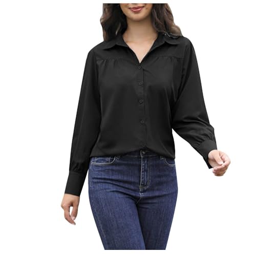 HXRYPG Bluse Damen Langarm Hemd mit Knöpfen Oberteile Elegant Büro Arbeit Blusen Hemdbluse mit Kragen Shirts Einfarbige Hemden Oberteil Button Down Langarmshirt Tunika S-XXL gutschein 02 Schwarz M von HXRYPG