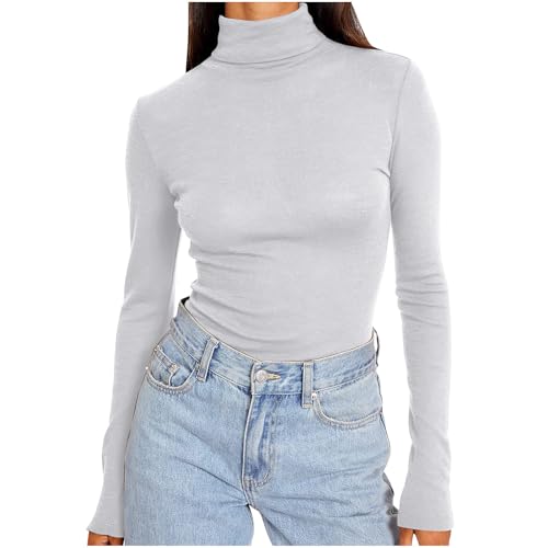 HXRYPG Langarmshirt Damen Winter Stretch Pullover Elegant Rollkragenpullover Einfarbige Shirt Bluse Baumwolle Oberteile Hemd Sweatshirt Unterhemd Tshirts Basic Tops Große Größen Angebot 4XL 02 Weiß von HXRYPG
