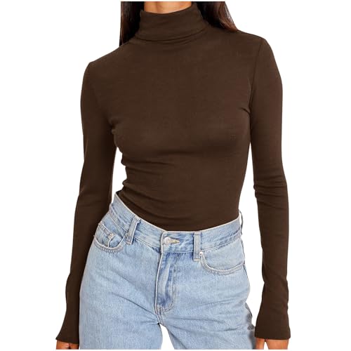 HXRYPG Langarmshirt Damen Winter Stretch Pullover Elegant Rollkragenpullover Einfarbige Shirt Bluse Baumwolle Oberteile Hemd Sweatshirt Unterhemd Tshirts Basic Tops Große Größen Angebot XL 03 Braun von HXRYPG