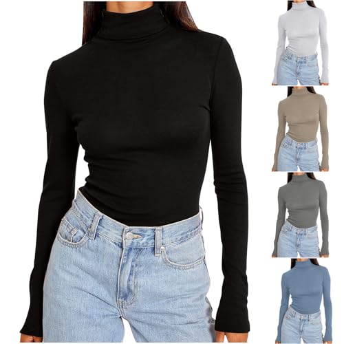 HXRYPG Langarmshirt Damen Winter Stretch Pullover Elegant Rollkragenpullover Einfarbige Shirt Bluse Baumwolle Oberteile Hemd Sweatshirt Unterhemd Tshirts Basic Tops Große Größen Coupon M 02 Schwarz von HXRYPG