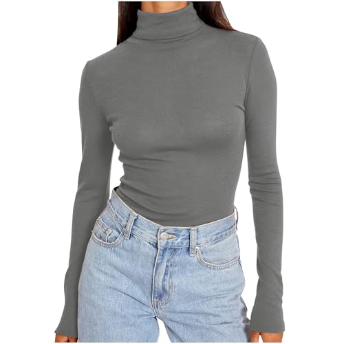 HXRYPG Langarmshirt Damen Winter Stretch Pullover Elegant Rollkragenpullover Einfarbige Shirt Bluse Baumwolle Oberteile Hemd Sweatshirt Unterhemd Tshirts Basic Tops Große Größen gutschein L 02 Grau von HXRYPG