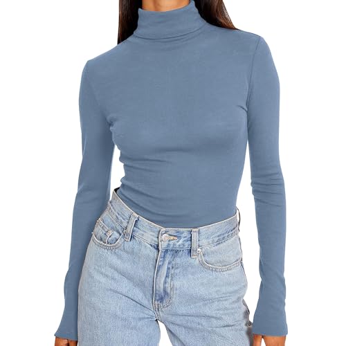 HXRYPG Langarmshirt Damen Winter Stretch Pullover Elegant Rollkragenpullover Einfarbige Shirt Bluse Oberteile Hemd Sweatshirt Unterhemd Tshirts Basic Tops Große Größen Black Friday L 02 Hellblau von HXRYPG