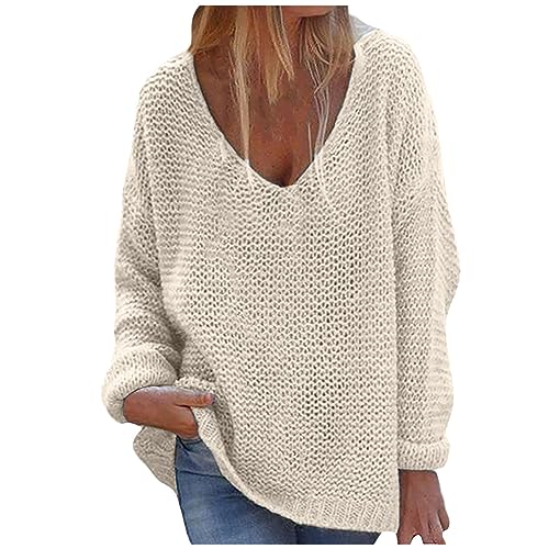 HXRYPG Pullover Damen Elegant Strickpullover Oversize Gestrickte Pulli mit V Ausschnitt Herbst Winter Sweater Winterpullover Pullis Strickpulli Oberteile für Frauen Fashion Angebote Beige L von HXRYPG