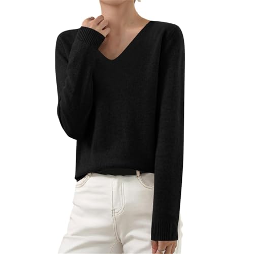 HXRYPG Pullover Damen Strickpullover Basic Langarmshirt Baumwoll Langarm T-Shirt Leicht Gestrickte Pulli Herbst Winter Sweater Warm Winterpullover Strick Pullis Strickwaren Tops Gutschein XL Schwarz von HXRYPG