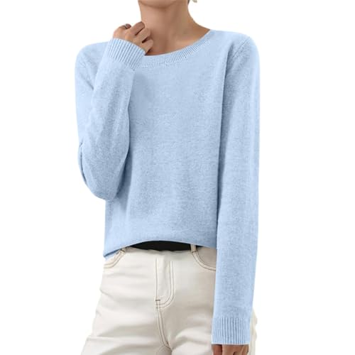 HXRYPG Pullover Damen Strickpullover Basic Langarmshirt Baumwoll Langarm T-Shirt Rundhals Leicht Gestrickte Pulli Dünn Herbst Winter Sweater Warm Winterpullover Pullis Tops Deal 02 Himmelblau M von HXRYPG