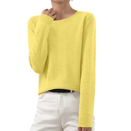 HXRYPG Pullover Damen Strickpullover Basic Langarmshirt Baumwoll Langarm T-Shirt Rundhals Leicht Gestrickte Pulli Dünn Herbst Winter Sweater Warm Winterpullover Pullis Tops Outlet Angebote 02 Gelb S von HXRYPG